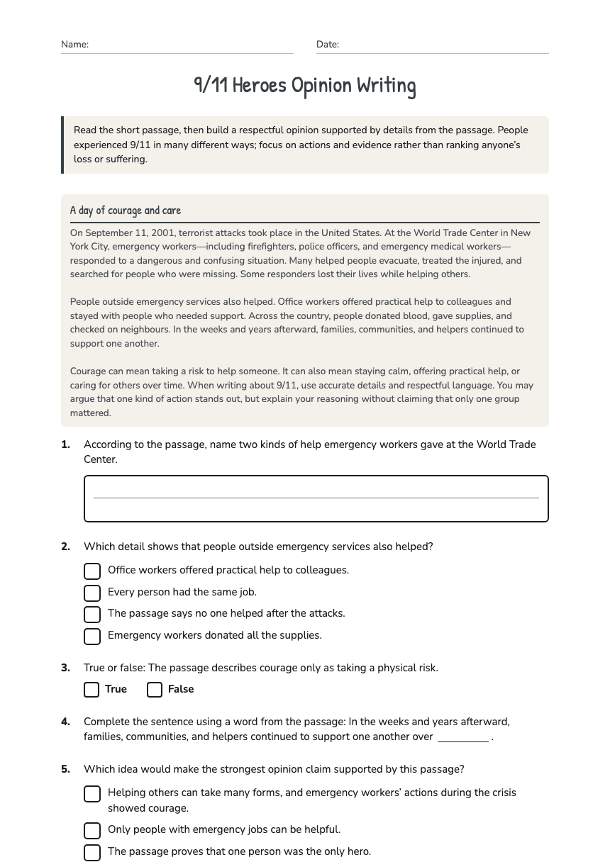 9/11 Heroes Opinion Writing worksheet preview
