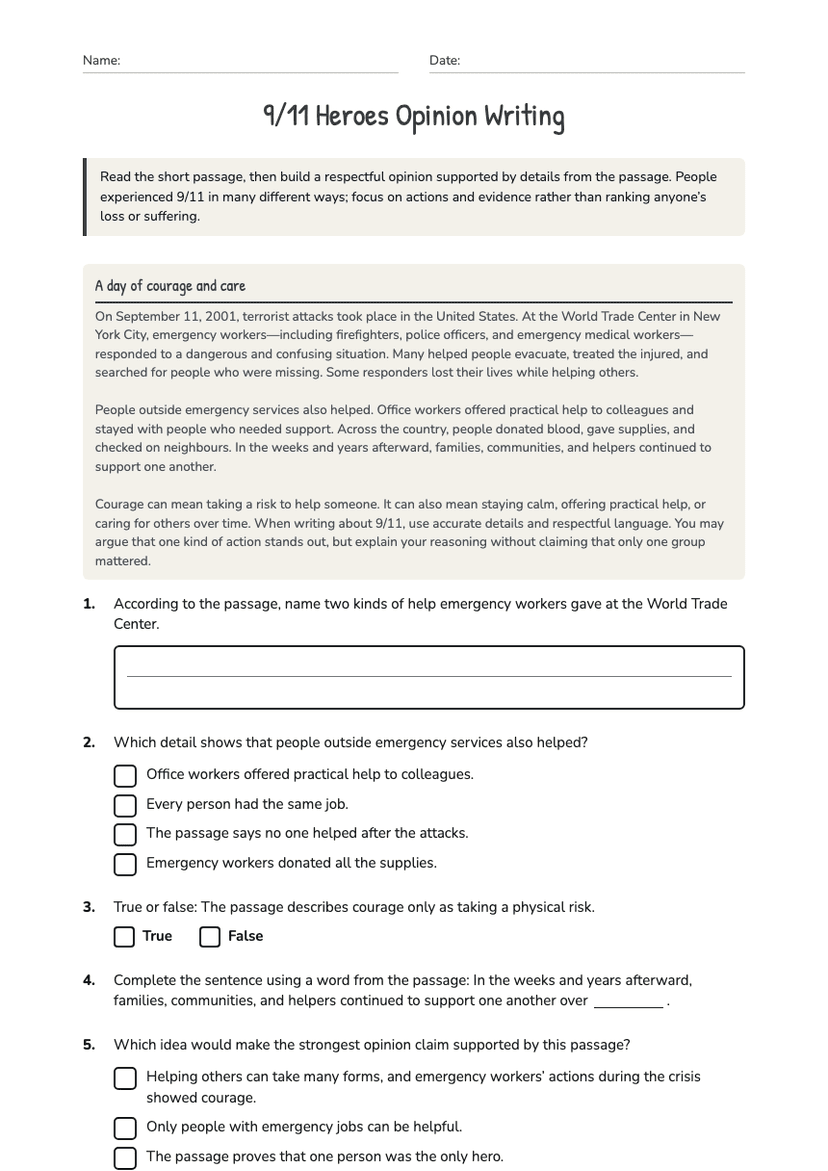 9/11 Heroes Opinion Writing