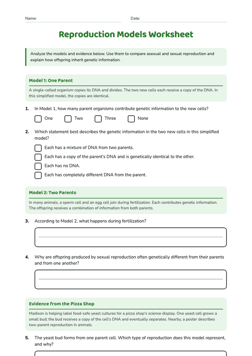 Reproduction Models Worksheet