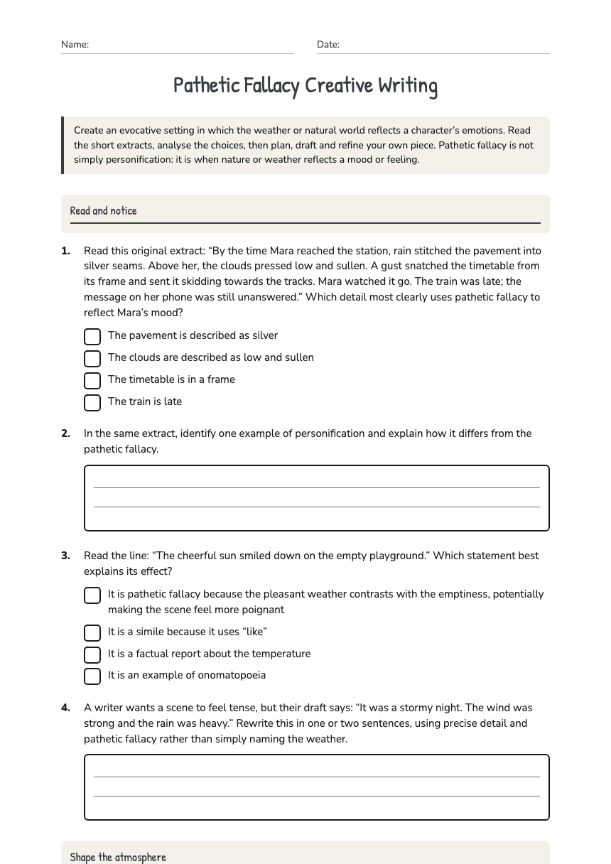 Pathetic Fallacy Creative Writing worksheet preview