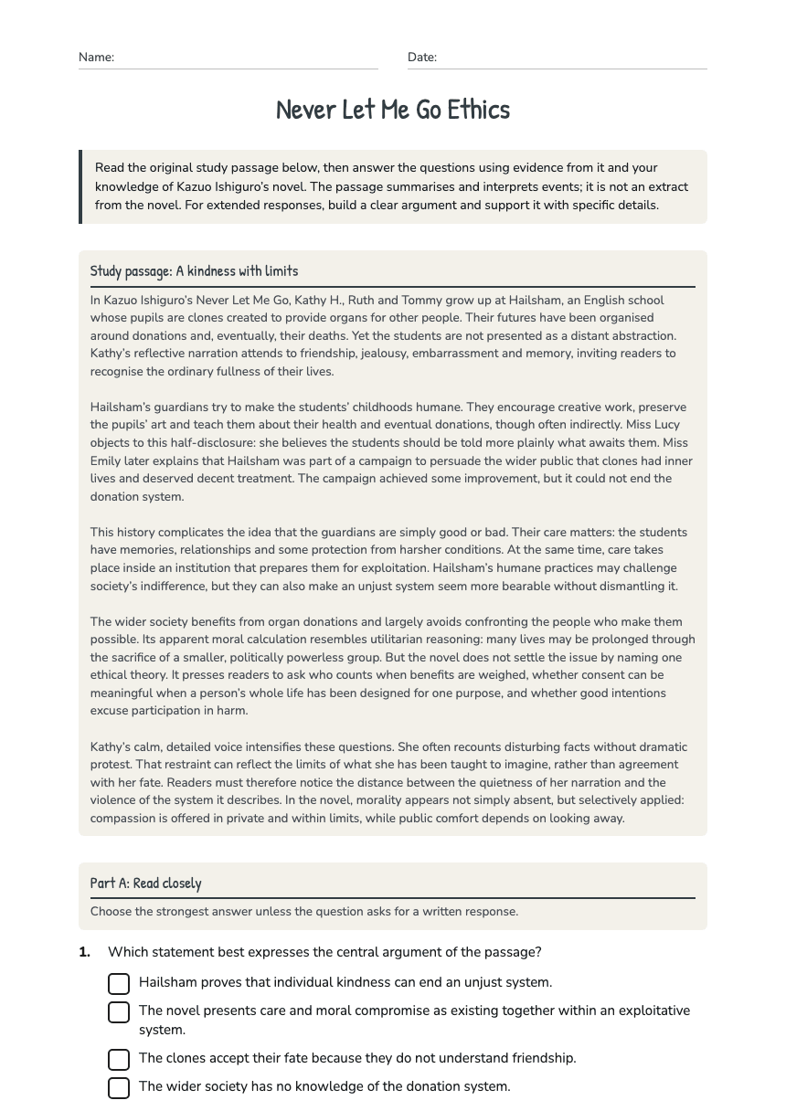 Never Let Me Go Ethics worksheet preview