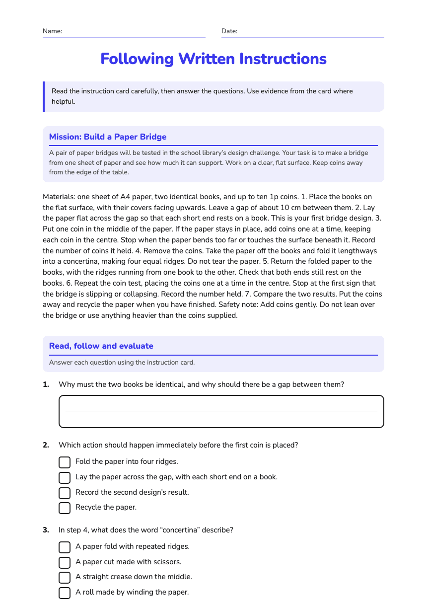 Following Written Instructions worksheet preview