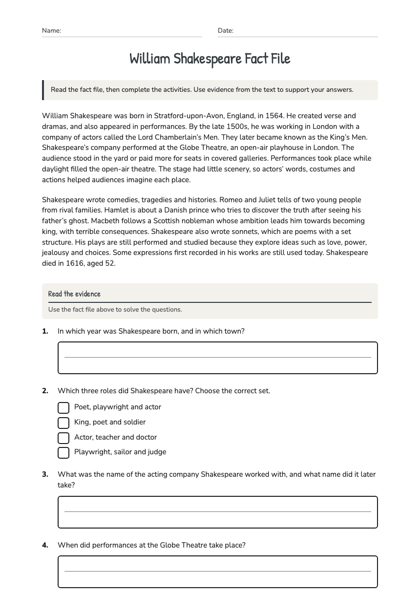 William Shakespeare Fact File worksheet preview
