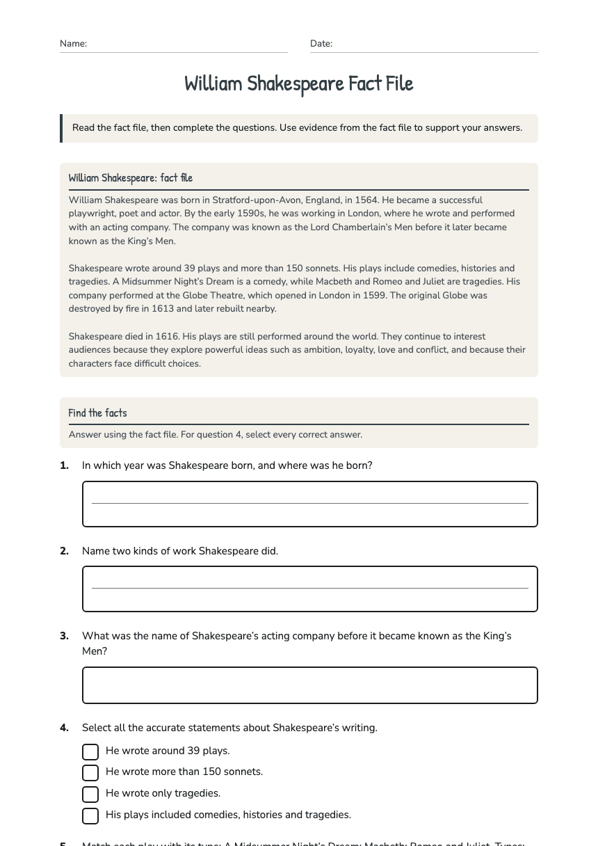 William Shakespeare Fact File worksheet preview