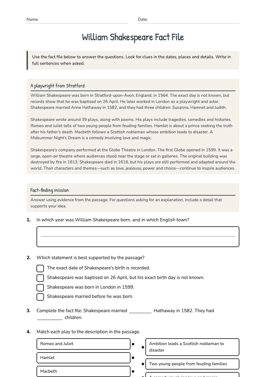 William Shakespeare Fact File worksheet preview