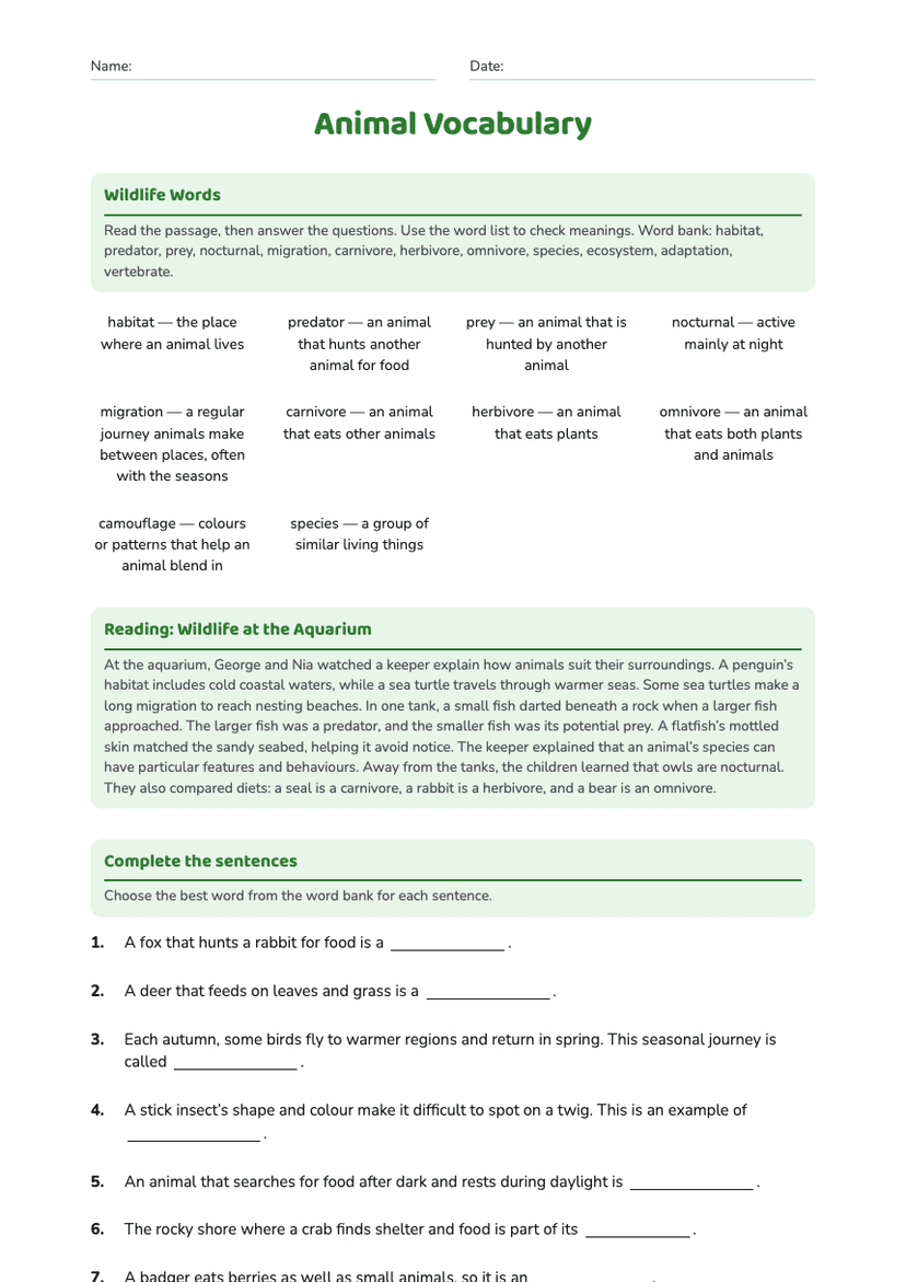 Animal Vocabulary