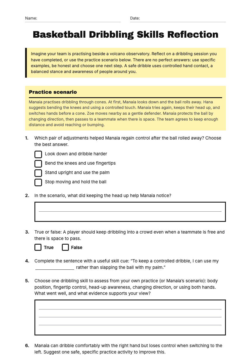 Basketball Dribbling Skills Reflection worksheet preview