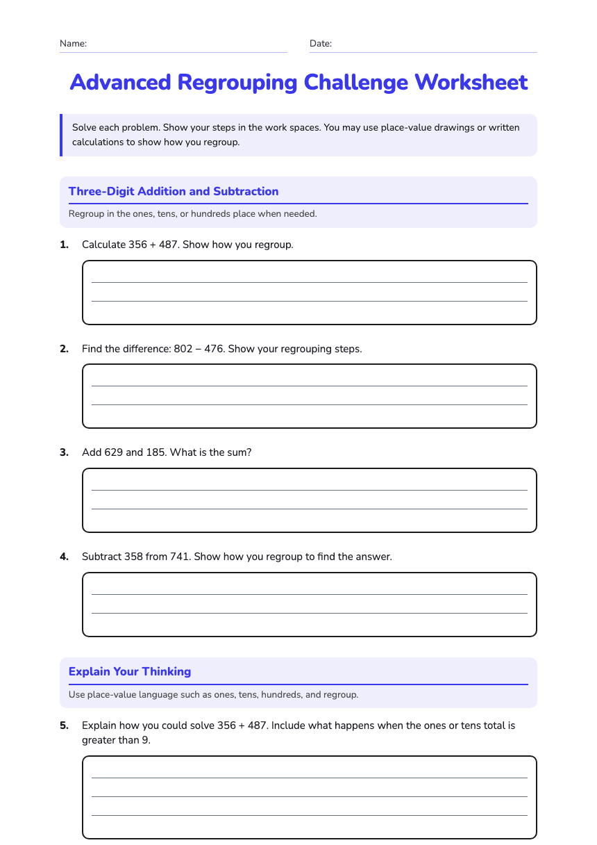Advanced Regrouping Challenge Worksheet worksheet preview