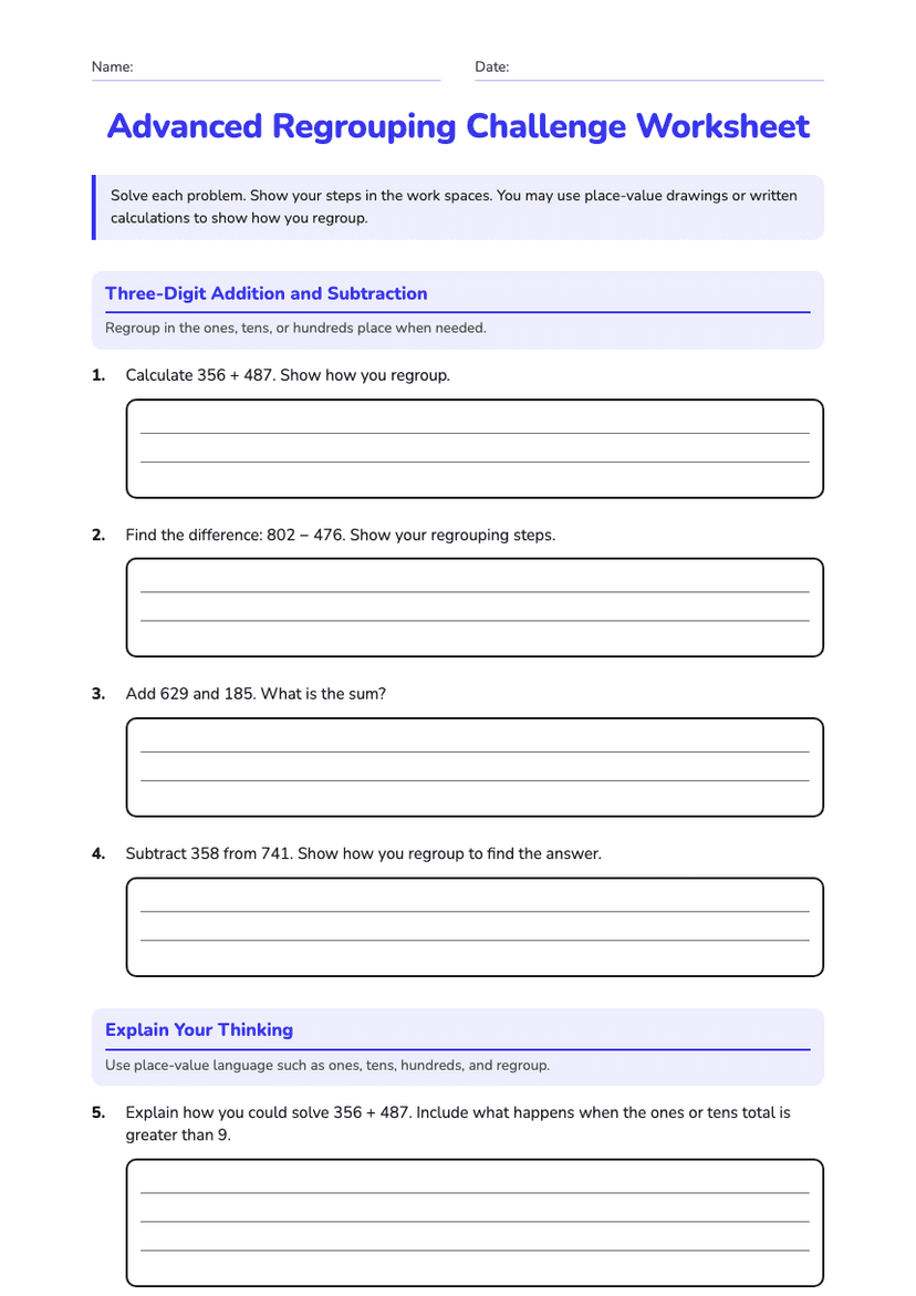 Advanced Regrouping Challenge Worksheet