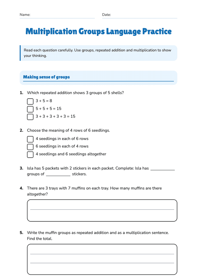 Multiplication Groups Language Practice