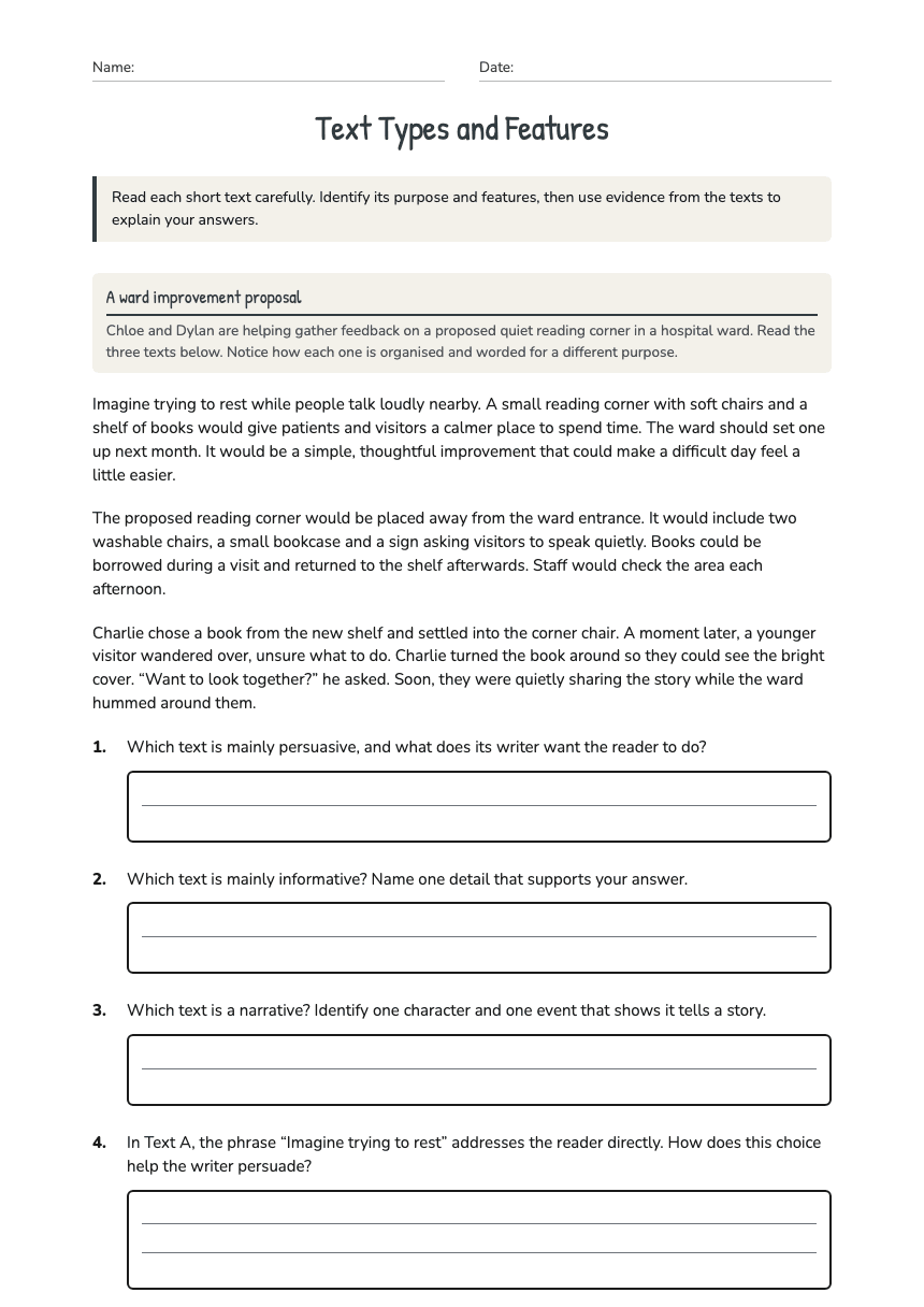 Text Types and Features worksheet preview