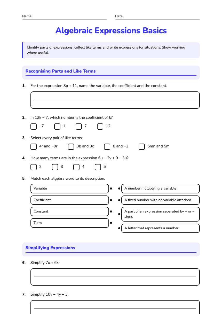 Algebraic Expressions Basics worksheet preview