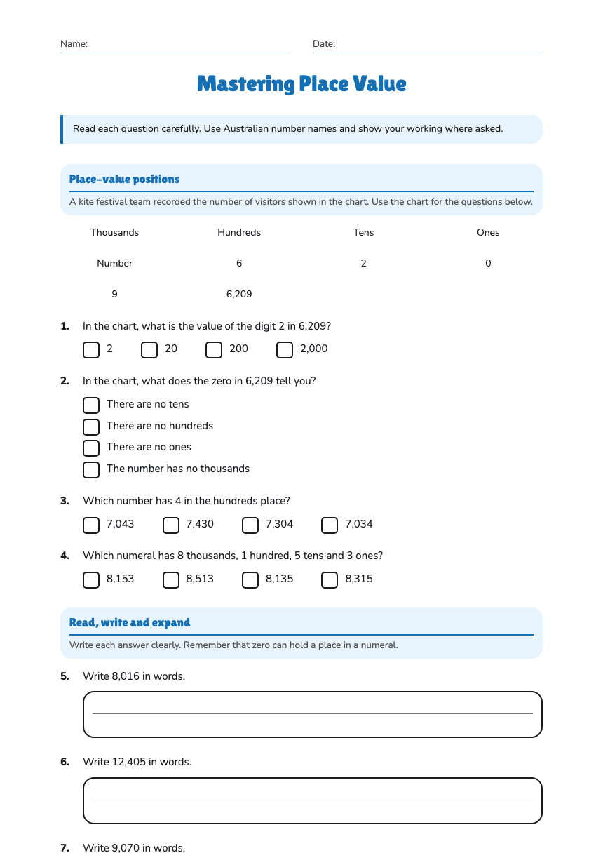 Mastering Place Value worksheet preview