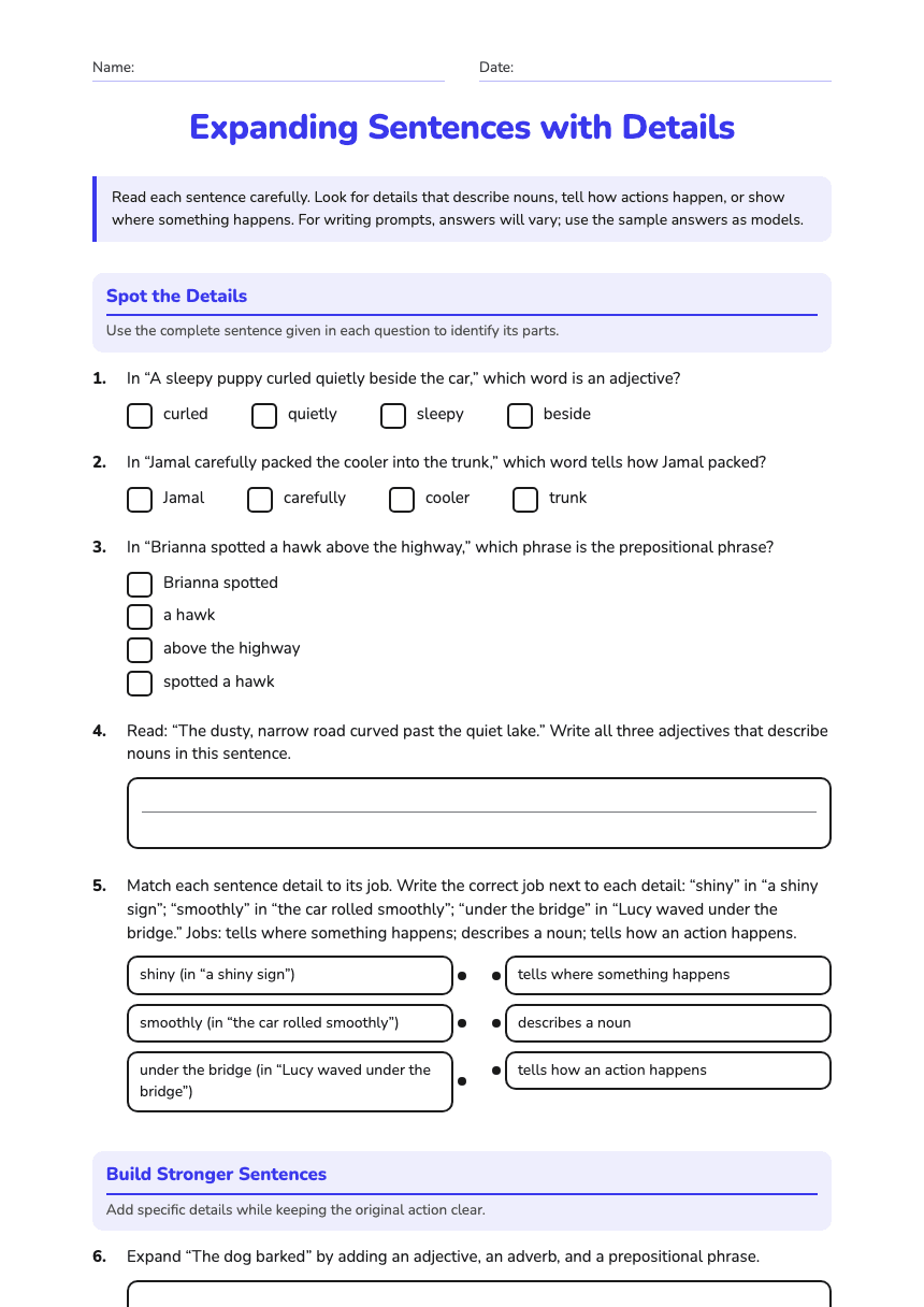 Expanding Sentences with Details worksheet preview
