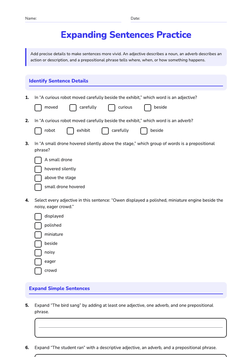 Expanding Sentences Practice worksheet preview
