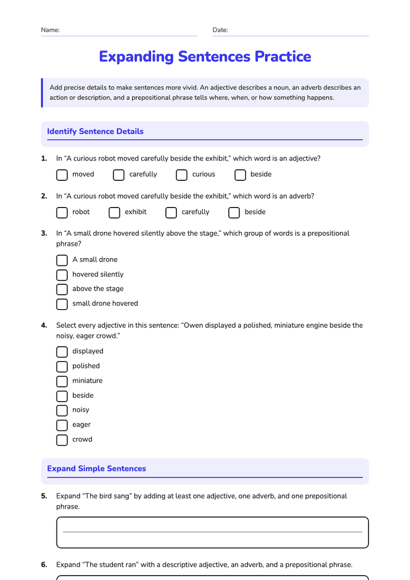 Expanding Sentences Practice
