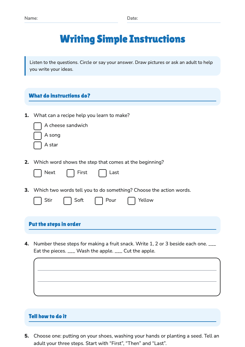 Writing Simple Instructions worksheet preview