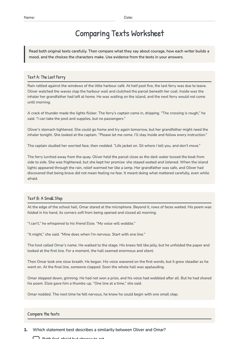 Comparing Texts Worksheet