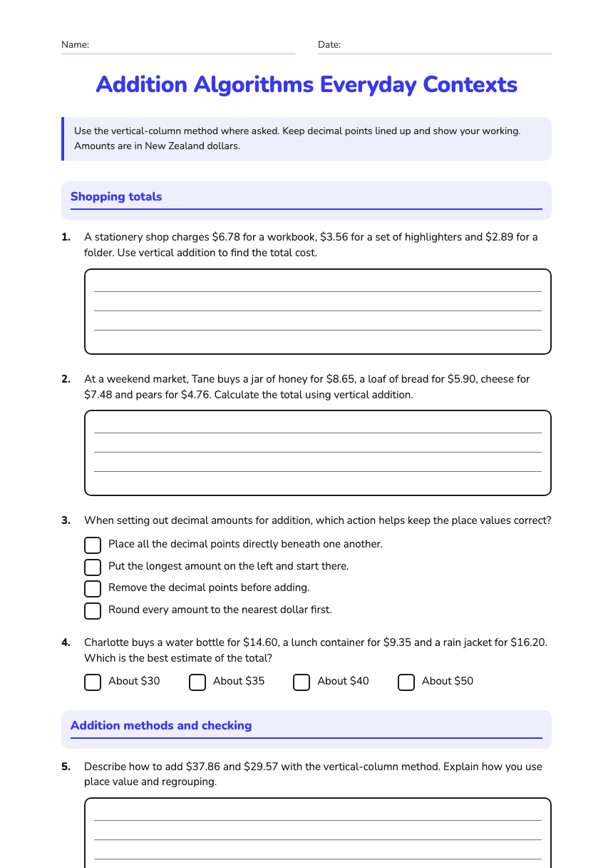Addition Algorithms Everyday Contexts worksheet preview