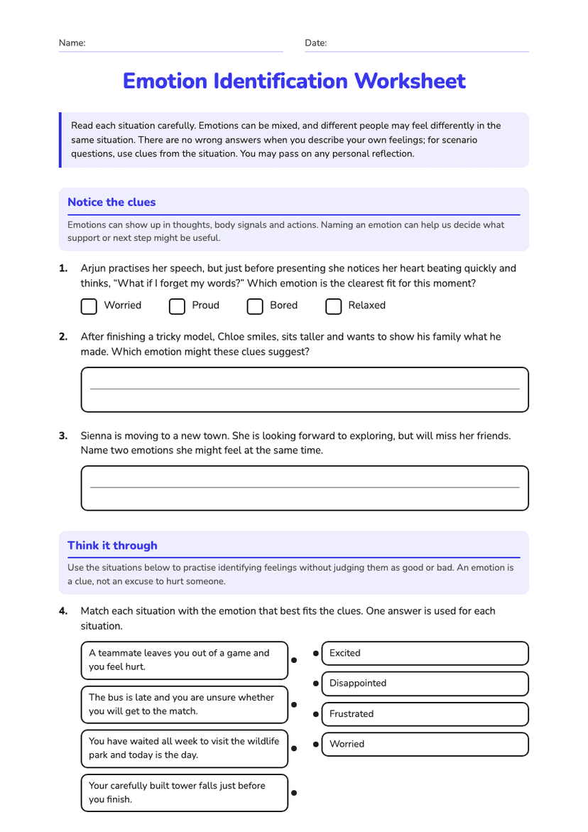 Emotion Identification Worksheet