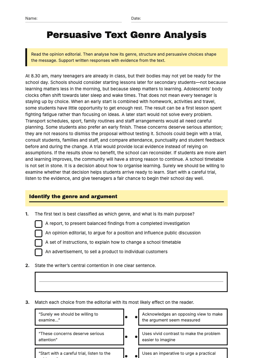 Persuasive Text Genre Analysis worksheet preview