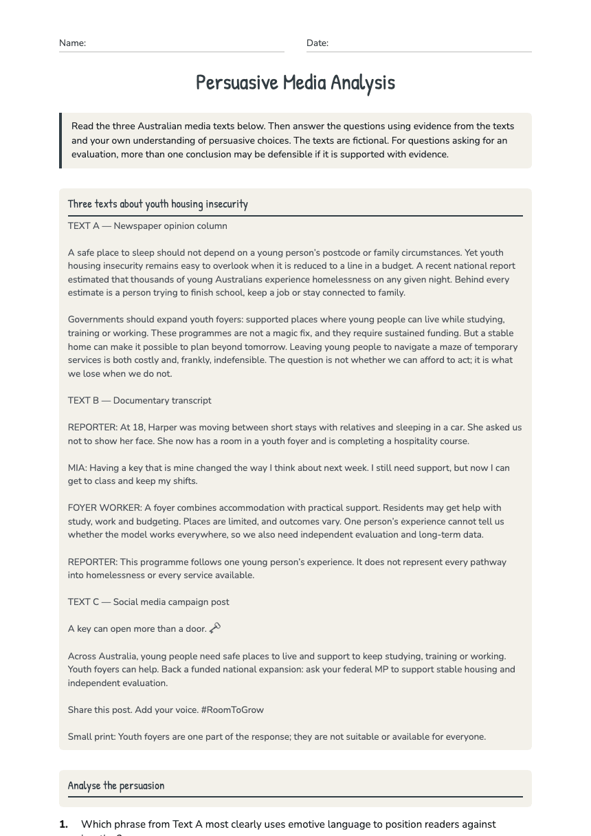 Persuasive Media Analysis worksheet preview