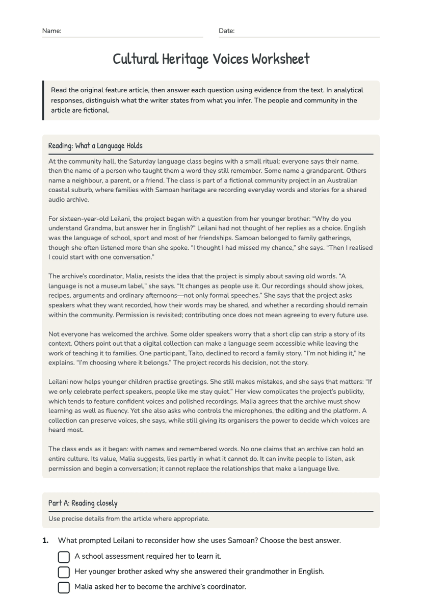 Cultural Heritage Voices Worksheet