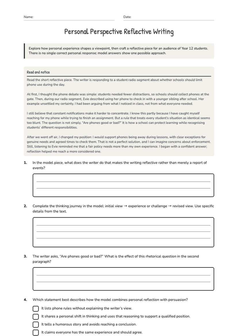 Personal Perspective Reflective Writing