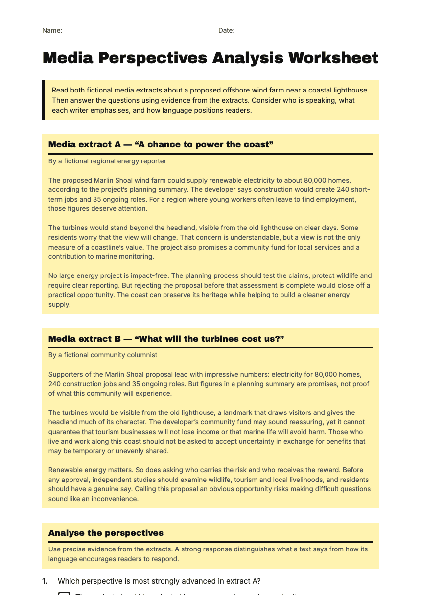 Media Perspectives Analysis Worksheet worksheet preview