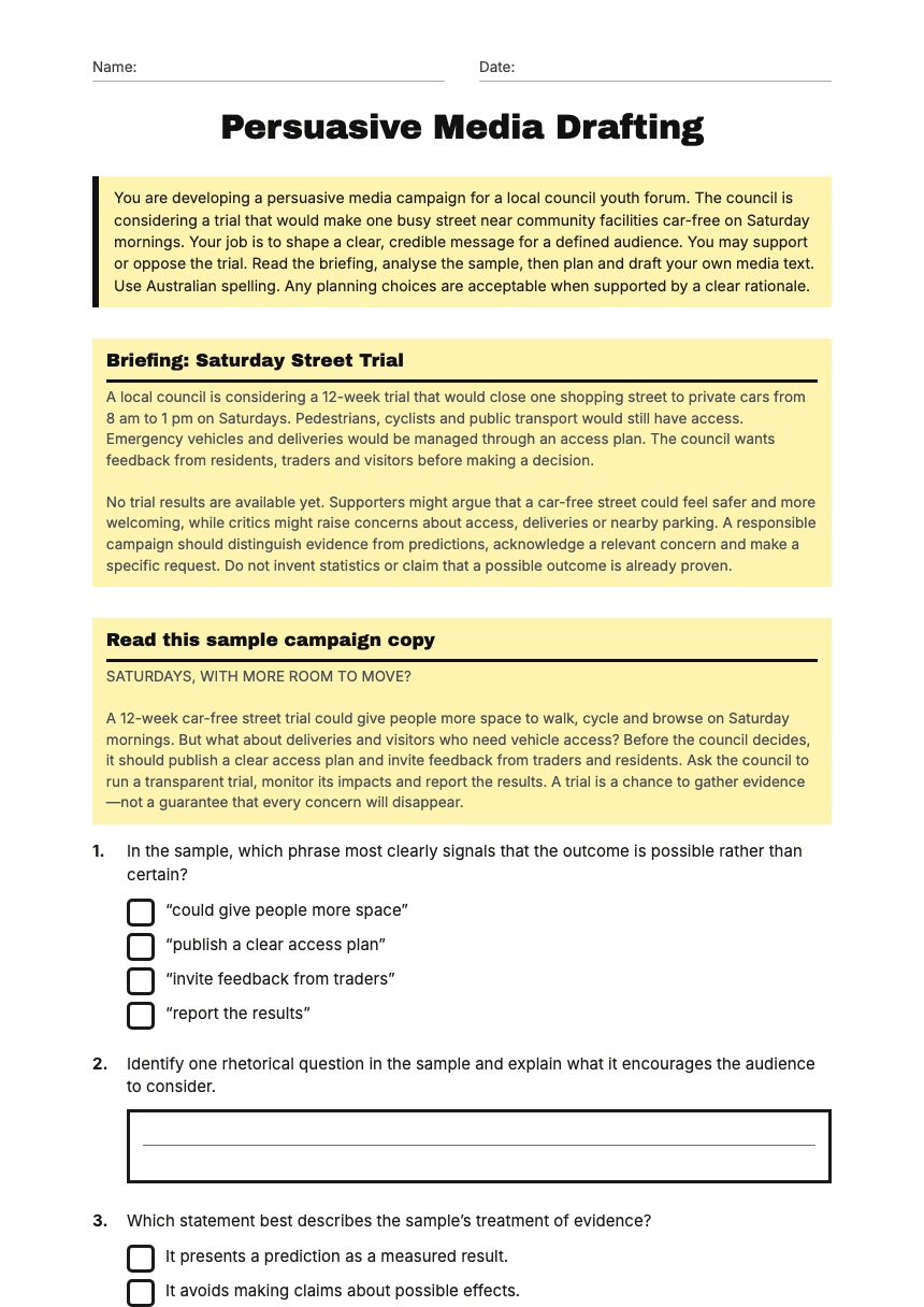 Persuasive Media Drafting worksheet preview
