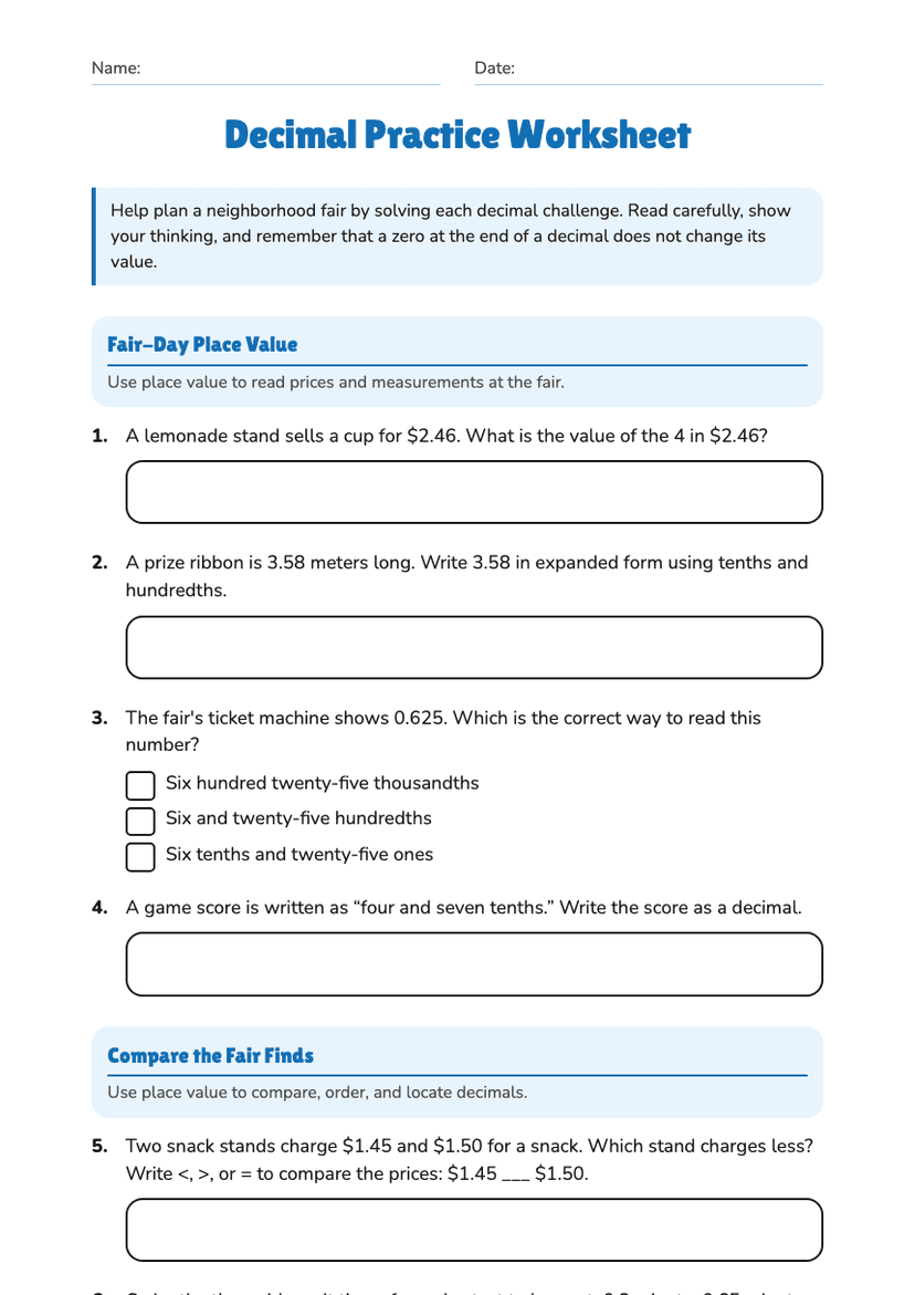 Decimal Practice Worksheet