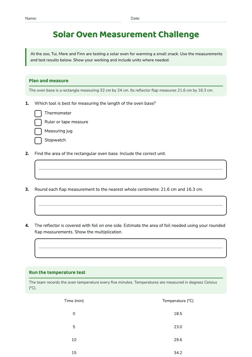 Solar Oven Measurement Challenge worksheet preview
