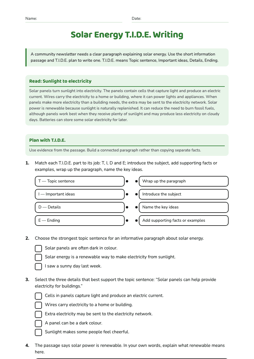 Solar Energy T.I.D.E. Writing worksheet preview