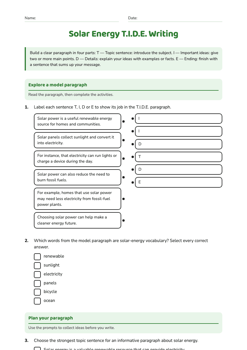 Solar Energy T.I.D.E. Writing worksheet preview