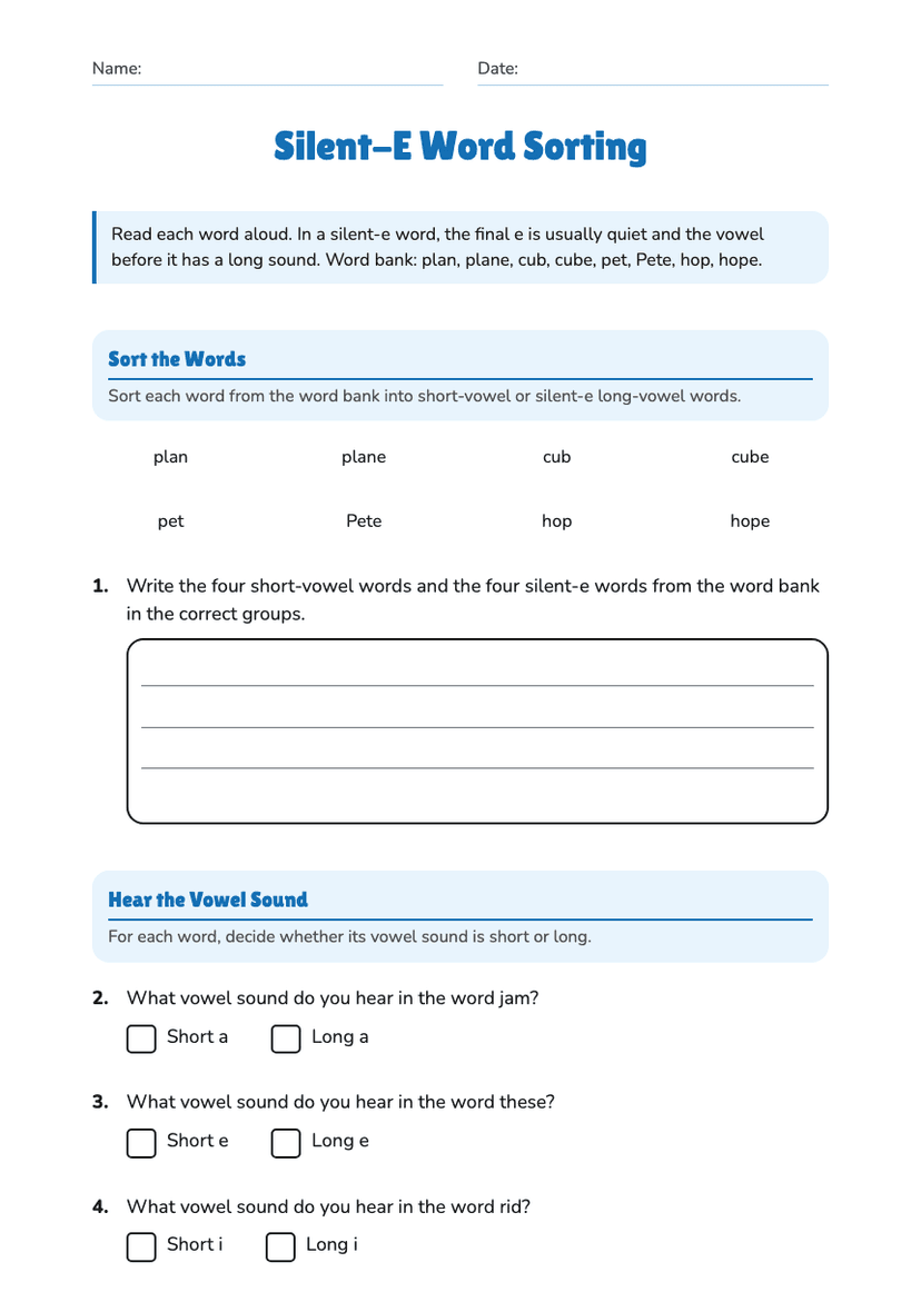 Silent-E Word Sorting