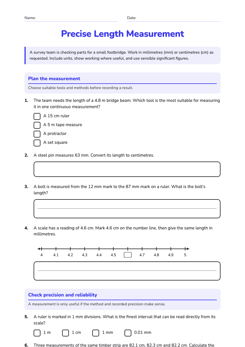 Precise Length Measurement worksheet preview