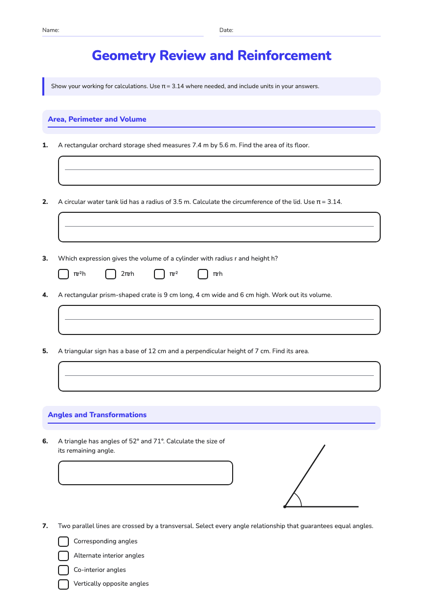 Geometry Review and Reinforcement worksheet preview