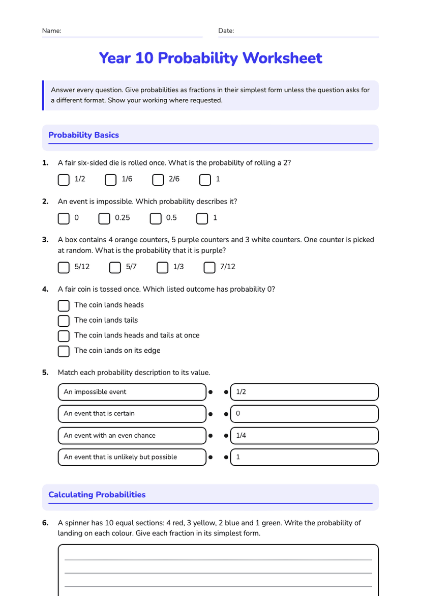 Year 10 Probability Worksheet
