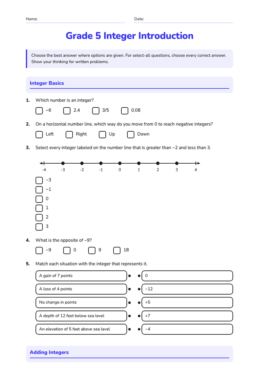 Grade 5 Integer Introduction