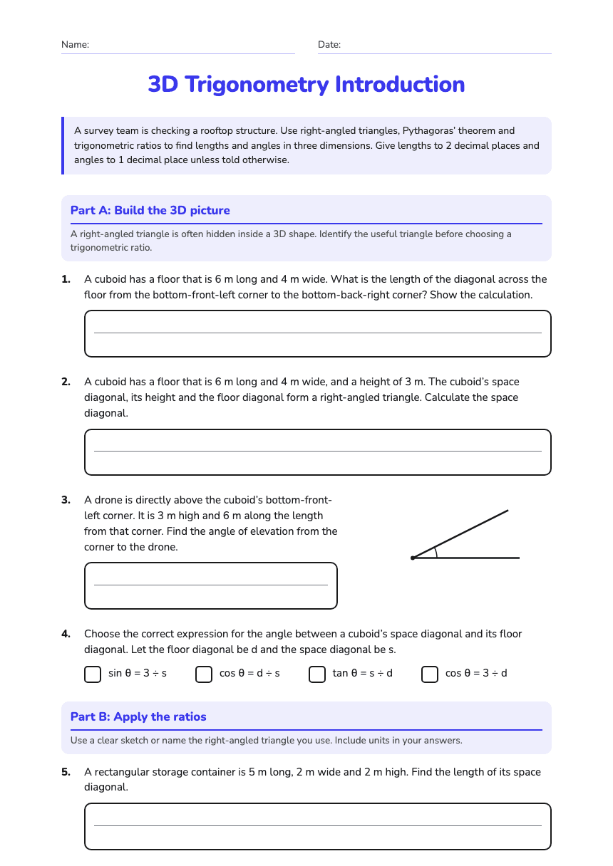 3D Trigonometry Introduction worksheet preview