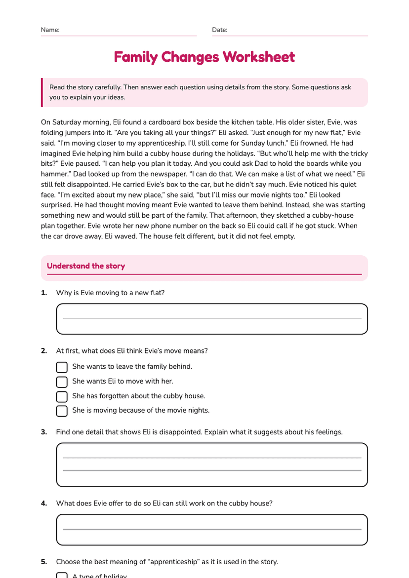 Family Changes Worksheet