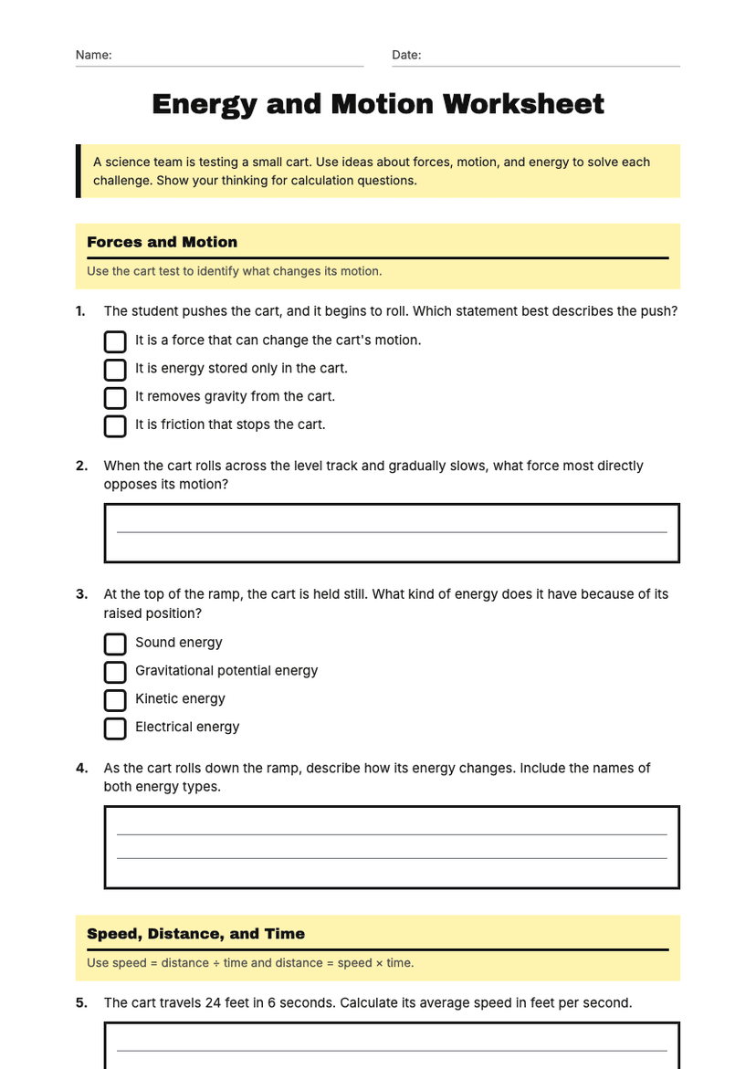 Energy and Motion Worksheet