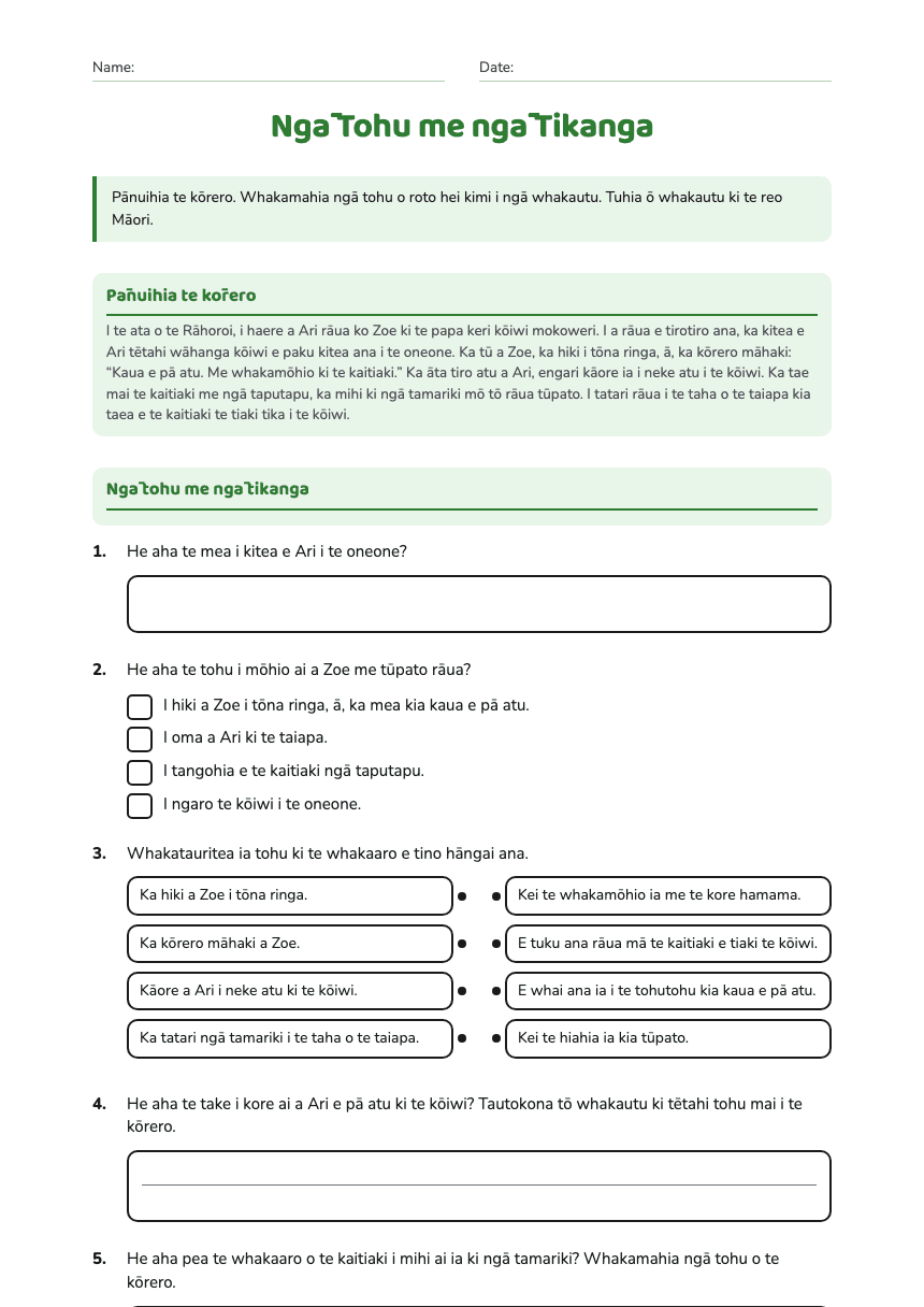 Ngā Tohu me ngā Tikanga worksheet preview