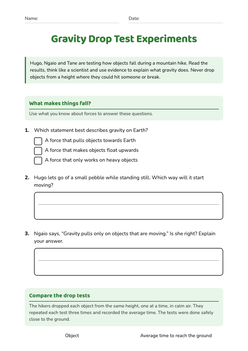 Gravity Drop Test Experiments worksheet preview