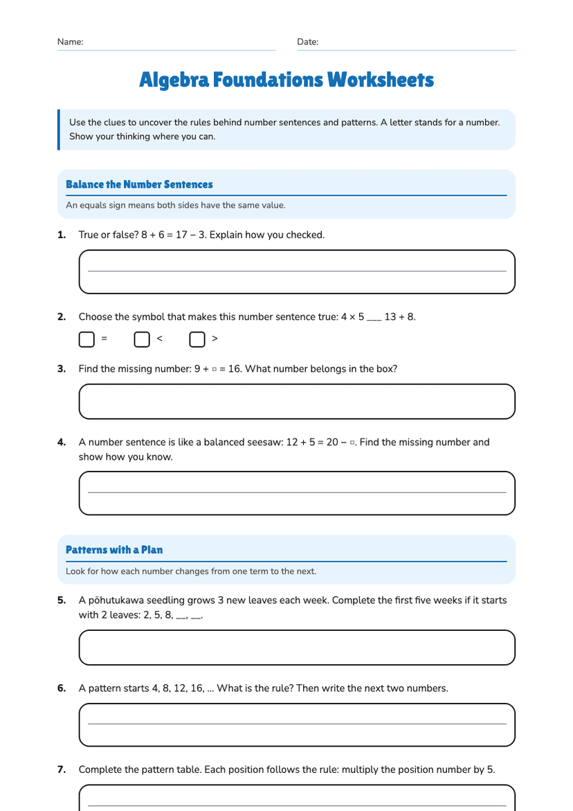 Algebra Foundations Worksheets