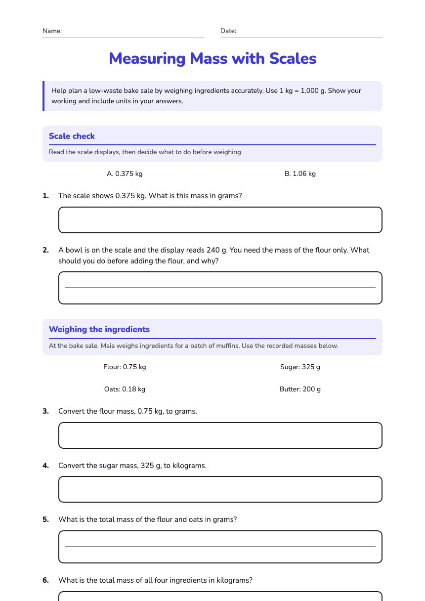 Measuring Mass with Scales worksheet preview