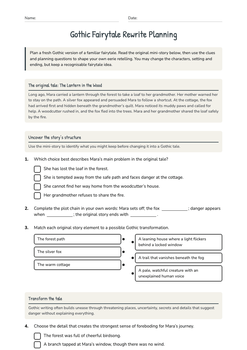 Gothic Fairytale Rewrite Planning worksheet preview