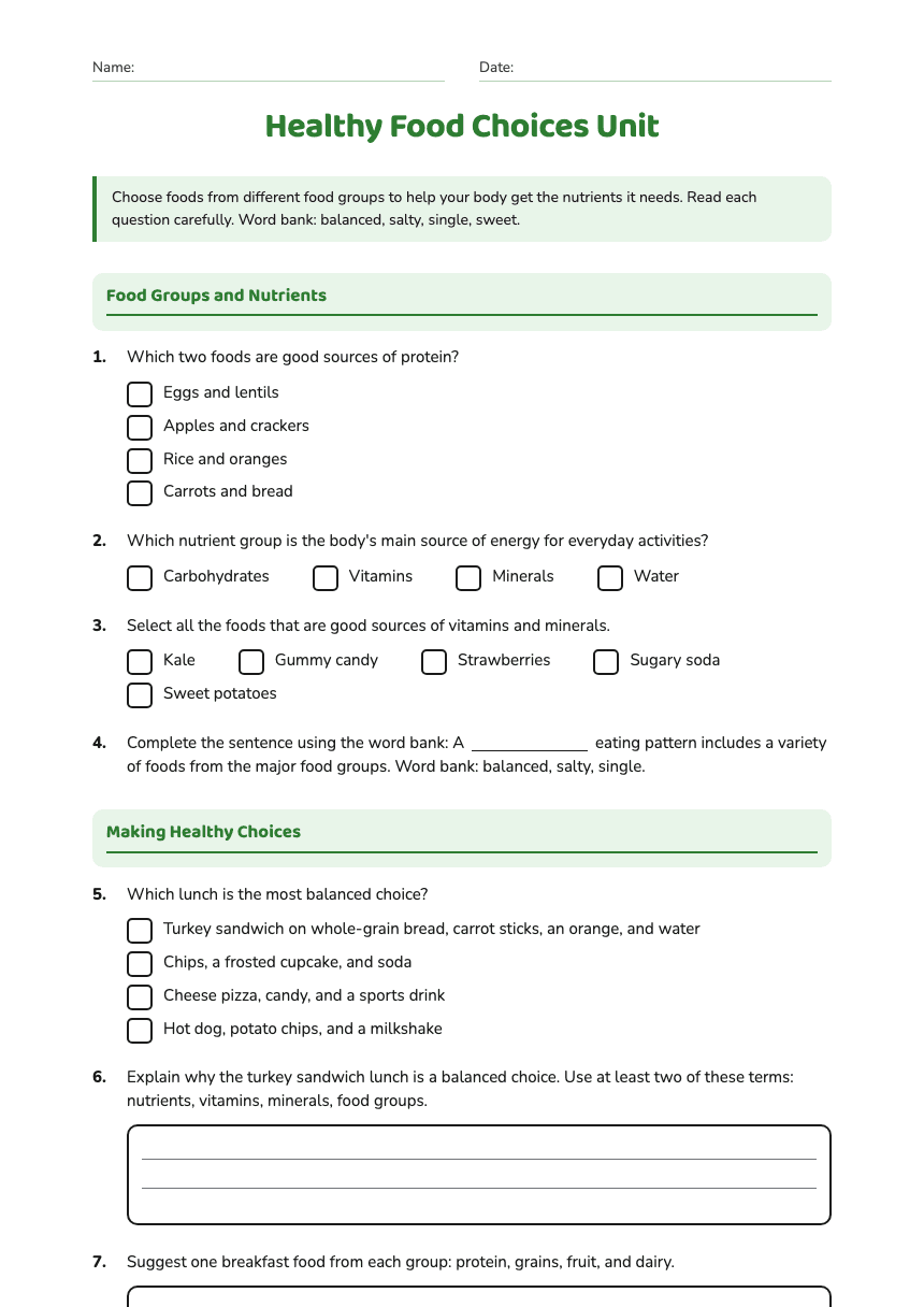 Healthy Food Choices Unit worksheet preview
