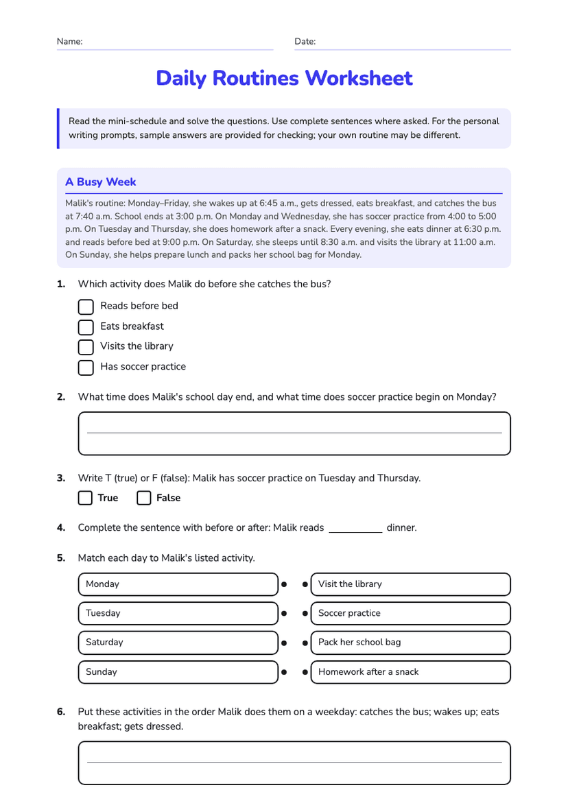 Daily Routines Worksheet