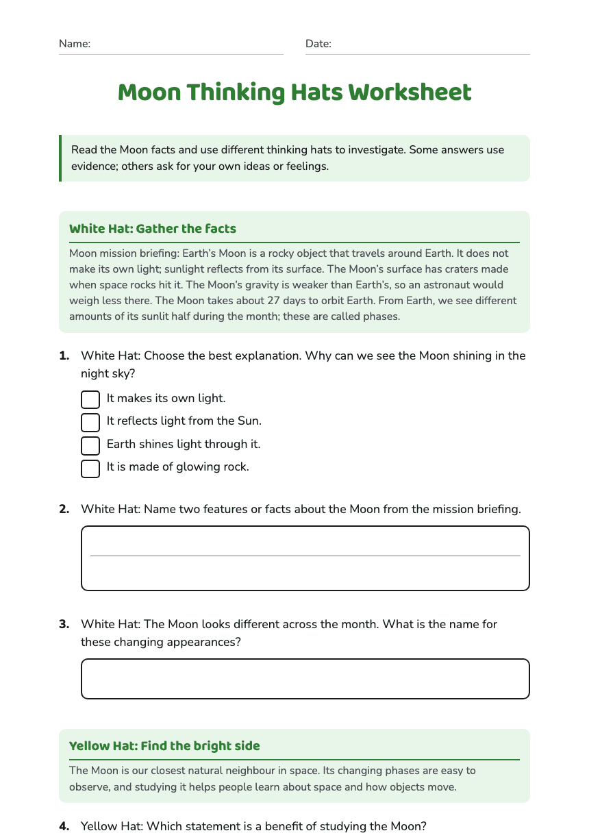 Moon Thinking Hats Worksheet worksheet preview